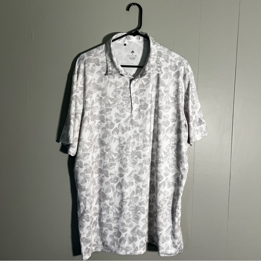 Adidas Polo Shirt Mens XL White Gray Leaf Print Golf Performance Short Sleeve